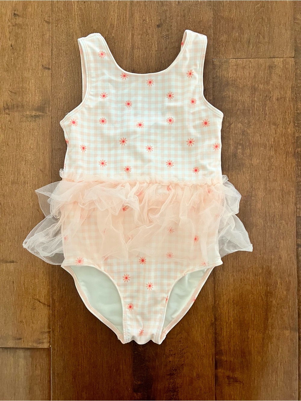 NWT Harper Canyon pink peach gingham daisy print tutu one piece swimsuit size 5